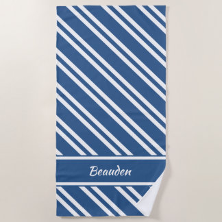 Toalla De Playa Bandas náuticas blancas y azules personalizadas