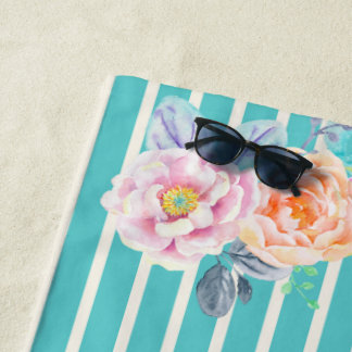 Toalla De Playa Bandas turquesas Peony y Butterfly e Inicial