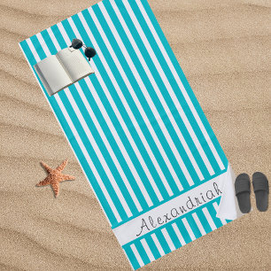 Toalla De Playa Bandas Verde azuladas blancas azul monogramadas mo
