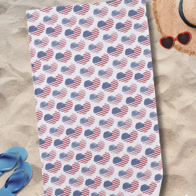 Toalla De Playa Bandera estadounidense azul blanco rojo Patriótico (Cute Patriotic American Flag Rustic Heart Pattern Beach Towel)
