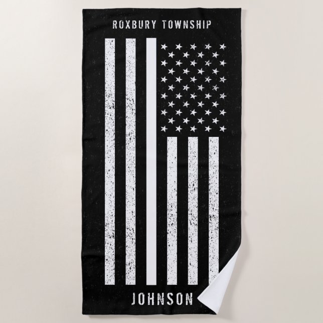 Toalla De Playa Bandera estadounidense Thin White Line nombre con  (Anverso)