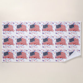 Toalla De Playa Bandera estadounidense y fuegos artificiales