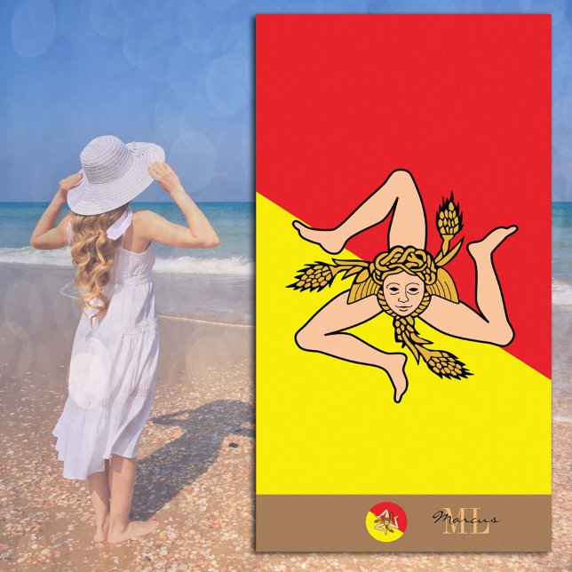 Toalla De Playa Bandera siciliana y Sicilia monogramada / (Subido por el creador)