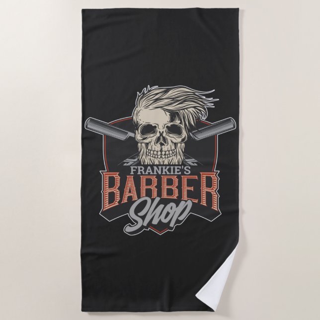 Toalla De Playa Barbería personalizada Hipster Skull y Razors (Anverso)