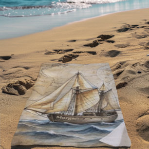 Toalla De Playa Barco Náutico Vintage Personalizado con Mapa Antig