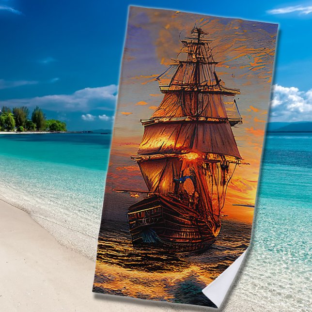 Toalla De Playa Barco pirata marrón Naranja azul cielo (Subido por el creador)