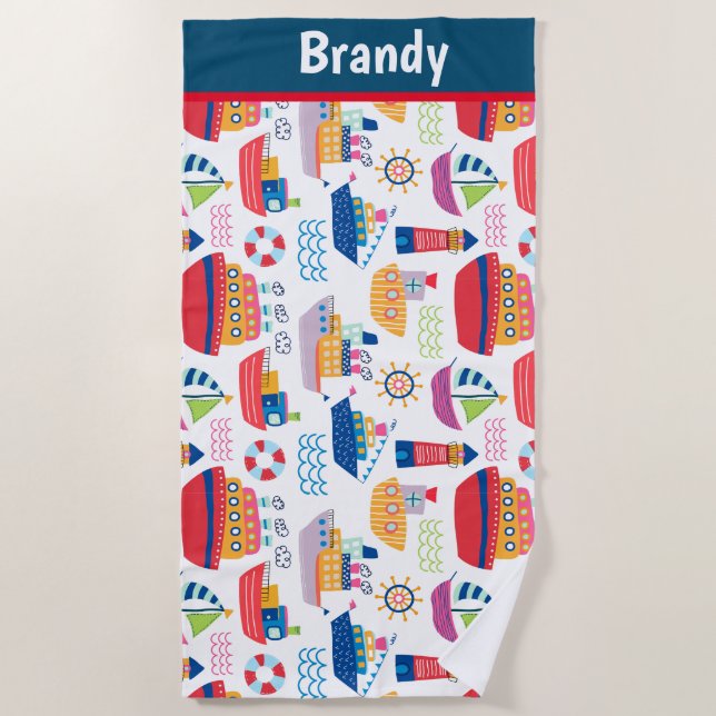 Toalla De Playa Barcos Monogramados para Niños (Anverso)