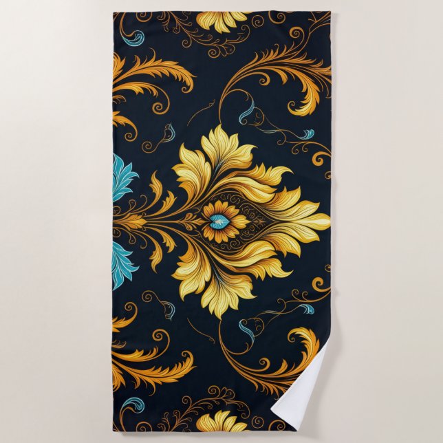 Toalla De Playa "Barockes Ornament-Muster in Gold und Schwarz" (Anverso)