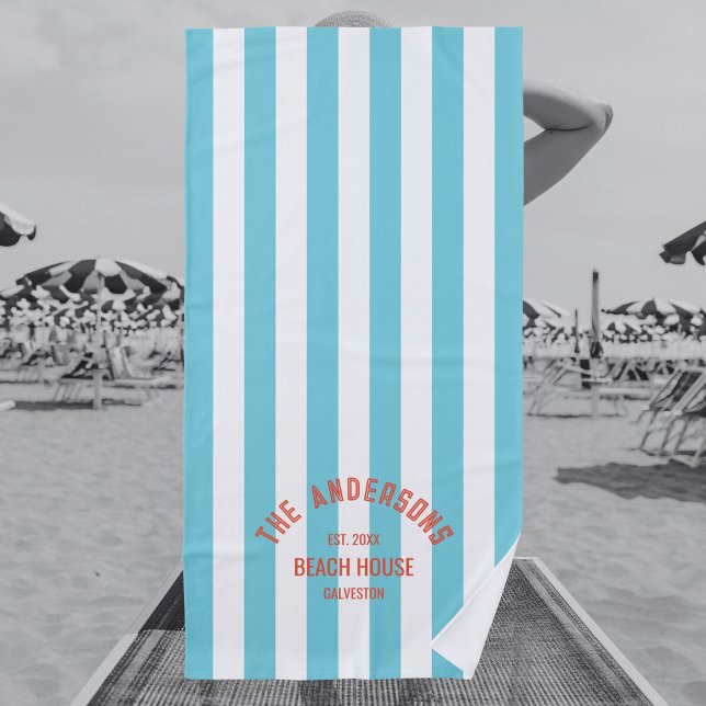 Toalla De Playa Beach House Family Name Blue Cabana Stripe (Subido por el creador)