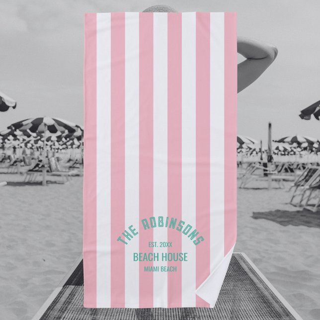 Toalla De Playa Beach House Family Name Pink Cabana Stripe (Subido por el creador)