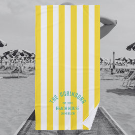 Toalla De Playa Beach House Family Name Yellow Cabana Stripe