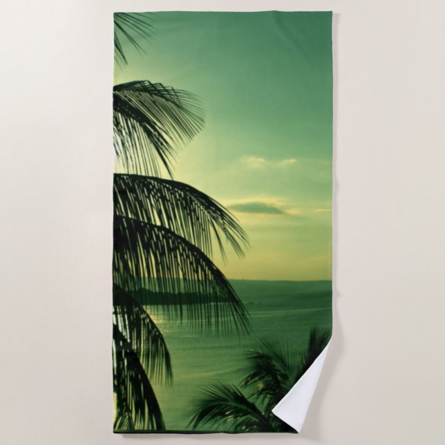 Toalla De Playa Beach Sunset Green-Blue Sky Sea Black Palm (Anverso)