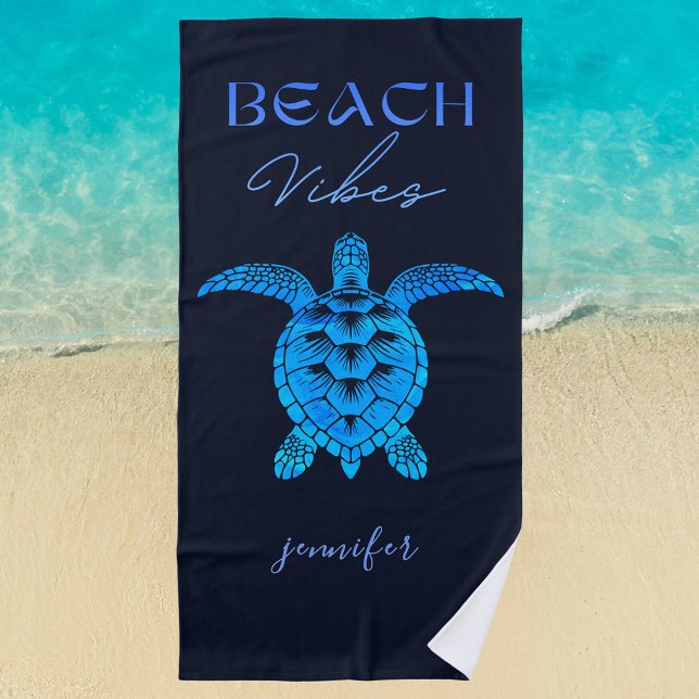Toalla De Playa Beach Vibes Sea Turtle Blue Personalizado (Beach Vibes sea turtle personalized beach towel)