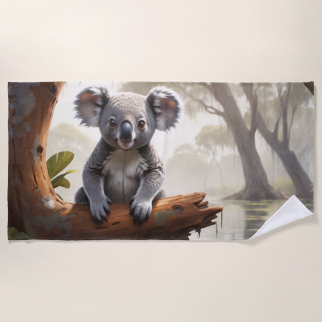 Toalla De Playa Bebé Koala por un estanque (Anverso)