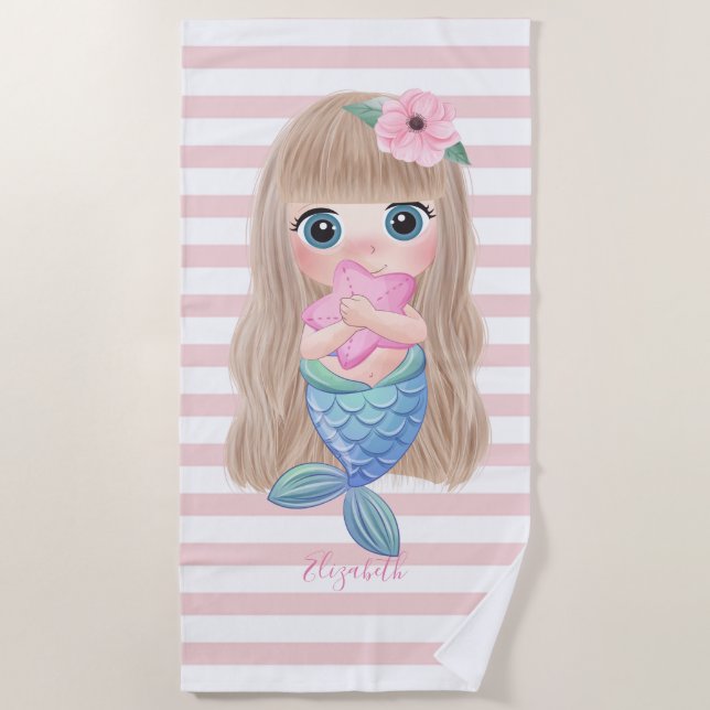 Toalla De Playa Bebé Sirena Adorable , Rayas (Anverso)