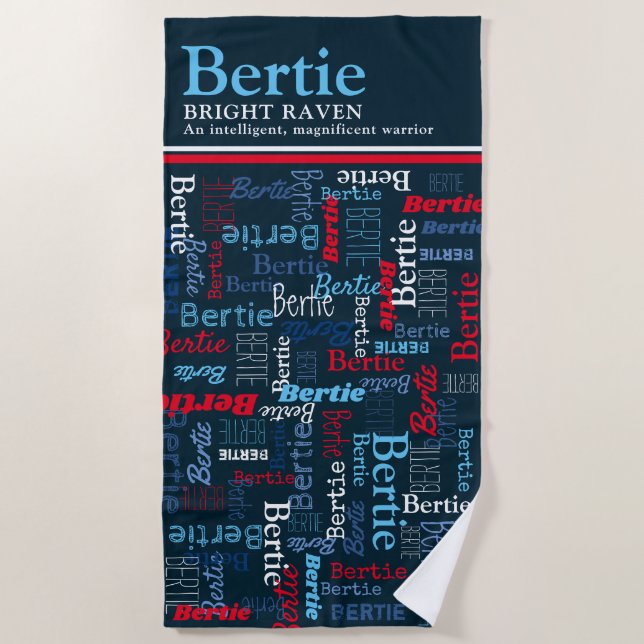 Toalla De Playa  Bertie personalized name meaning red blue white (Anverso)