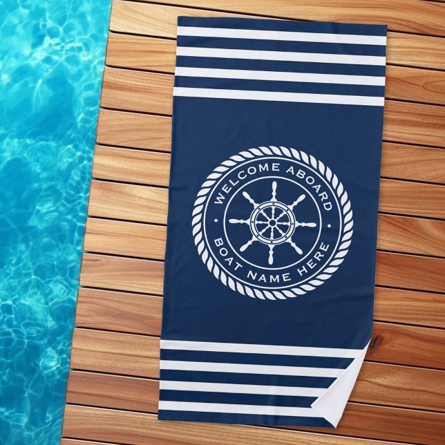 Toalla De Playa Bienvenida a bordo nombre del barco rope noria bar (Welcome aboard boat name rope nautical ship wheel beach towel)
