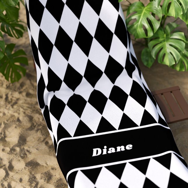 Toalla De Playa Black and White Diamond Pattern Personalized (A fun black and white diamond checkered pattern beach towel with space for your name)