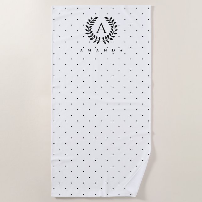 Toalla De Playa Black And White Laurel Monogram Polka Dot Pattern (Anverso)