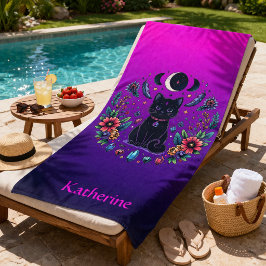 Toalla De Playa Black Cat Celestial Mystical Purple Pink