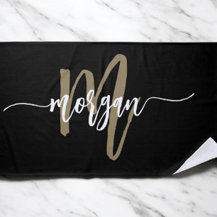 Toalla De Playa Black Gold Modern Script Girly Monograma Nombre