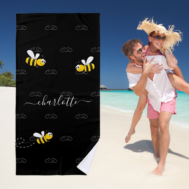 Toalla De Playa Black happy bumble bees summer fun humor monogram (Subido por el creador)