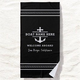 Toalla De Playa Black Nautical Boat Name Welcome Aboard Anchor 