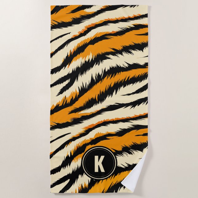 Toalla De Playa Black Orange Tiger Stripes Pattern Monogram (Anverso)