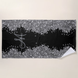 Toalla De Playa Black Silver Glitter Grey Modern Monogram