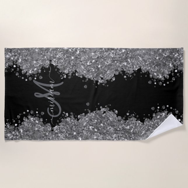 Toalla De Playa Black Silver Glitter Grey Modern Monogram (Anverso)