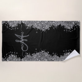 Toalla De Playa Black Silver Glitter Grey Modern Monogram