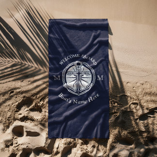 Toalla De Playa Blanco Azul Marina Nombre Ancla del barco Bienveni