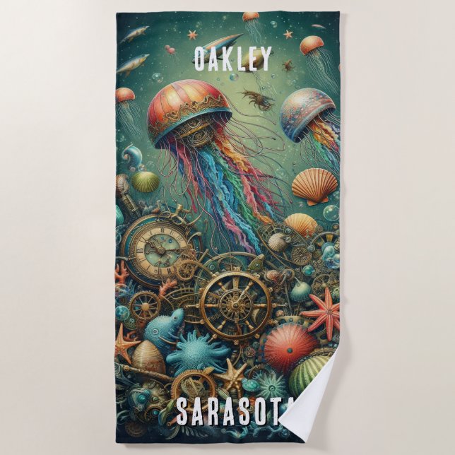 TOALLA DE PLAYA BLANCO BLANCO FUNKY STEAMPUNK JELLYFISH (Anverso)