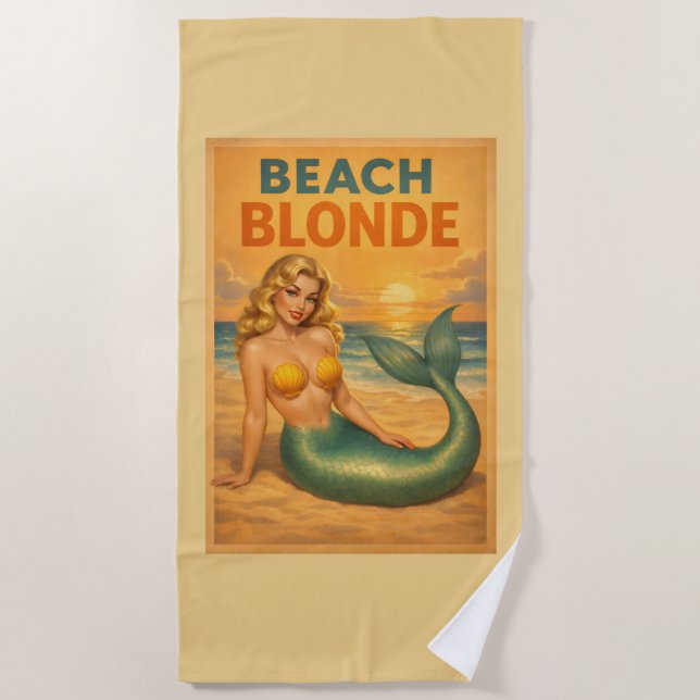 Toalla De Playa Blonde Pin-Up Mermaid | Sunny Yellow Retro Coastal (Anverso)