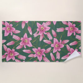 Toalla De Playa Blooming Lilies in Deep Green