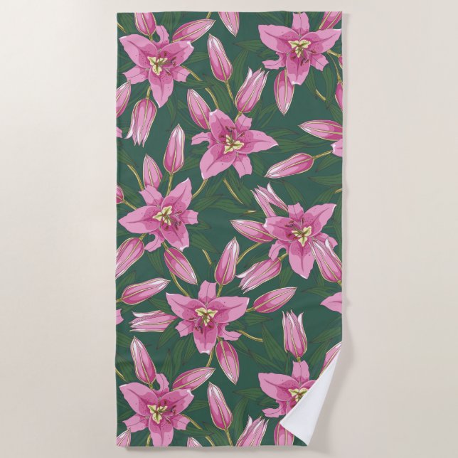 Toalla De Playa Blooming Lilies in Deep Green (Anverso)
