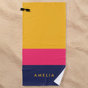 Toalla De Playa Bloque de color azul rosa amarillo vibrante