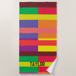 Toalla De Playa Bloque de color Banda Monograma Nombre Arcoiris