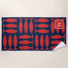 Toalla De Playa Bloque de Pescado Impreso Náutico - Monograma Rojo