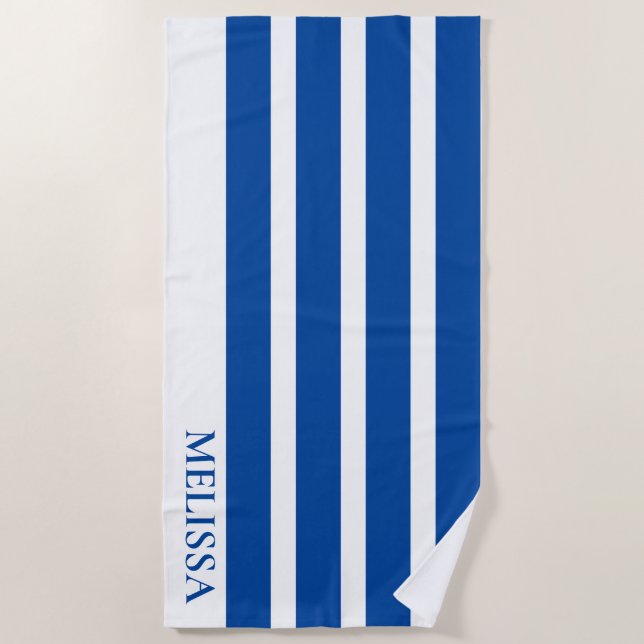 Toalla De Playa Blue And White Cabana Stripe Personalized Name   (Anverso)