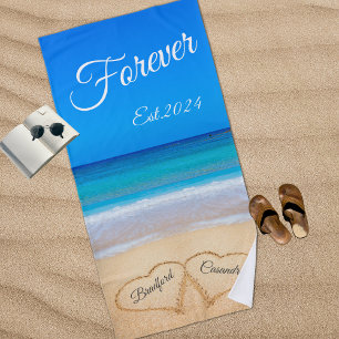 Toalla De Playa Blue Beach Wedding Hearts in Sand Forever Beach to