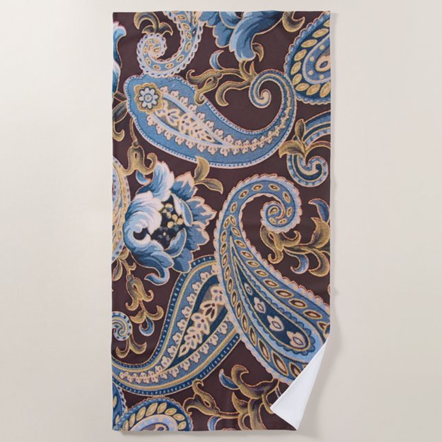Toalla De Playa Blue Brown Vintage Paisley New (Anverso)