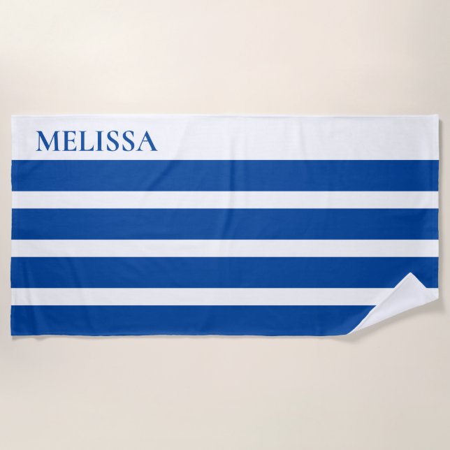 Toalla De Playa Blue Cabana Stripe Personalized Summer Vacation (Anverso)