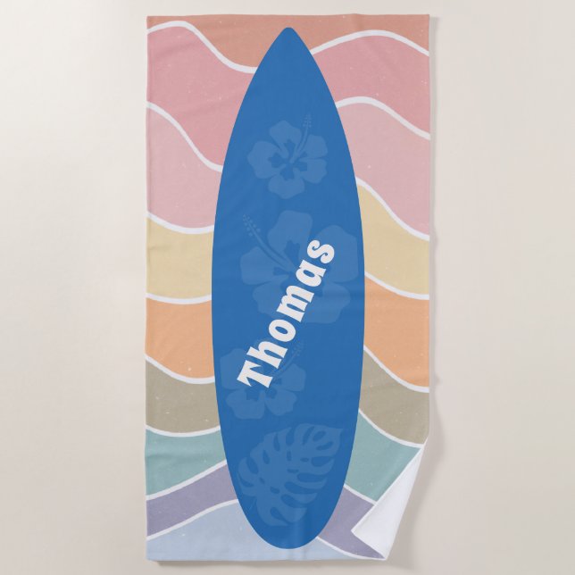 Toalla De Playa Blue Hawaii Surfboard on Pastel Waves (Anverso)