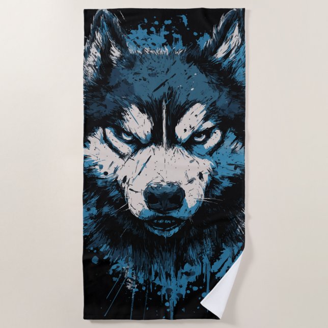 Toalla de playa Blue Husky – Arte de perro atrevid (Anverso)