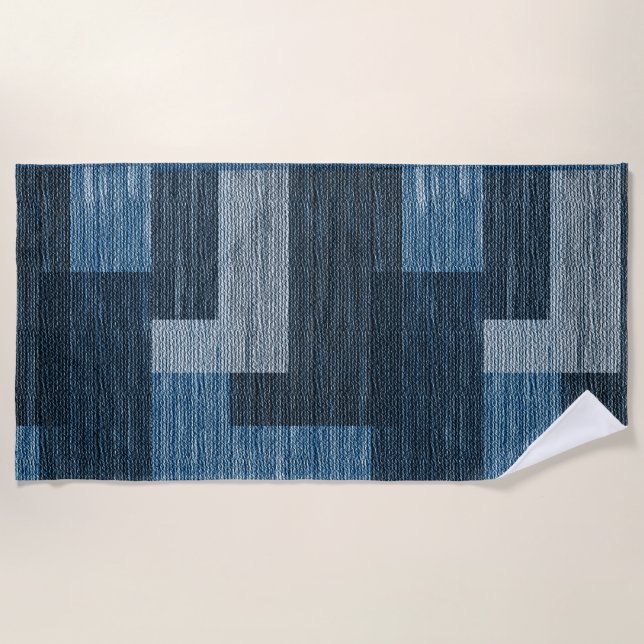 Toalla De Playa Blue Jean parche Work Faux Burlap (Anverso)