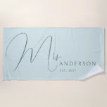 Toalla De Playa Blue Newlyweds Name Personalized Honeymoon<br><div class="desc">Celebrate your love in style with this personalized beach towel for adults, featuring the newlyweds' names in an elegant, modern design. Perfect for a honeymoon beach trip, anniversary getaway, or romantic vacation, this soft and vibrant towel is a must-have for couples who love to travel together. Designed with a fresh...</div>