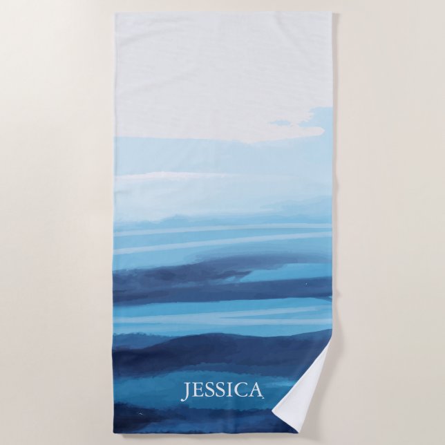 Toalla De Playa Blue Ocean Watercolor Abstract Sea Monograma (Anverso)