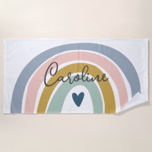 Toalla de playa Blue Pastel Boho Rainbow Name