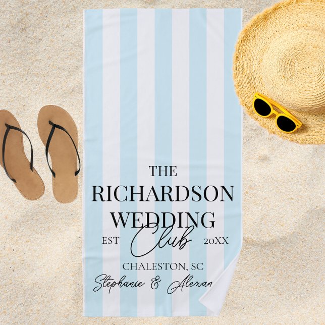 Toalla De Playa Blue Stripe Social Club Custom Wedding Merch Favor (Subido por el creador)